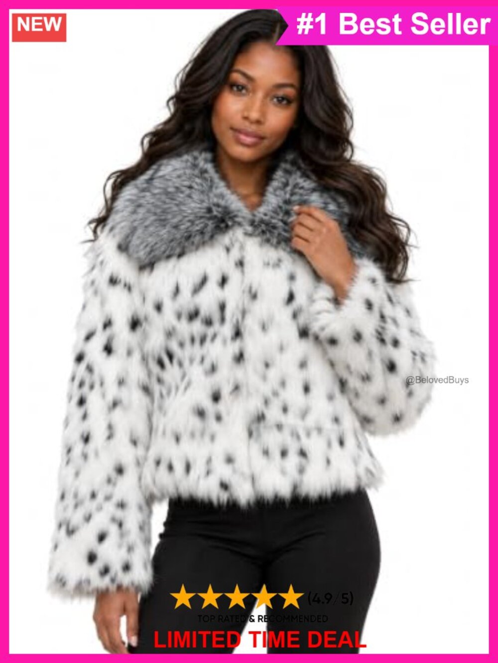 Faux Fur Short Jacket Shawl Collar Animal Print Statement Winter Coat
